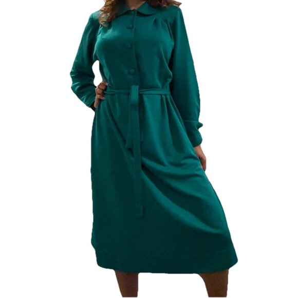 Vintage Mendel of Dallas Midi Teal Shift Dress Peter Pan Collar Mod 70s - Picture 2 of 10